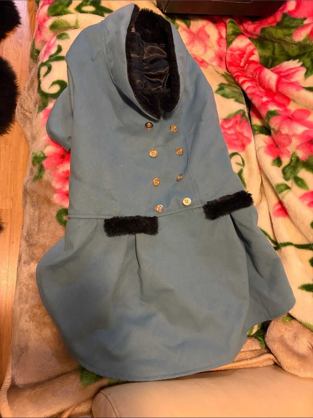 Classic Light Blue Dog Coat with Black Faux Fur Trim